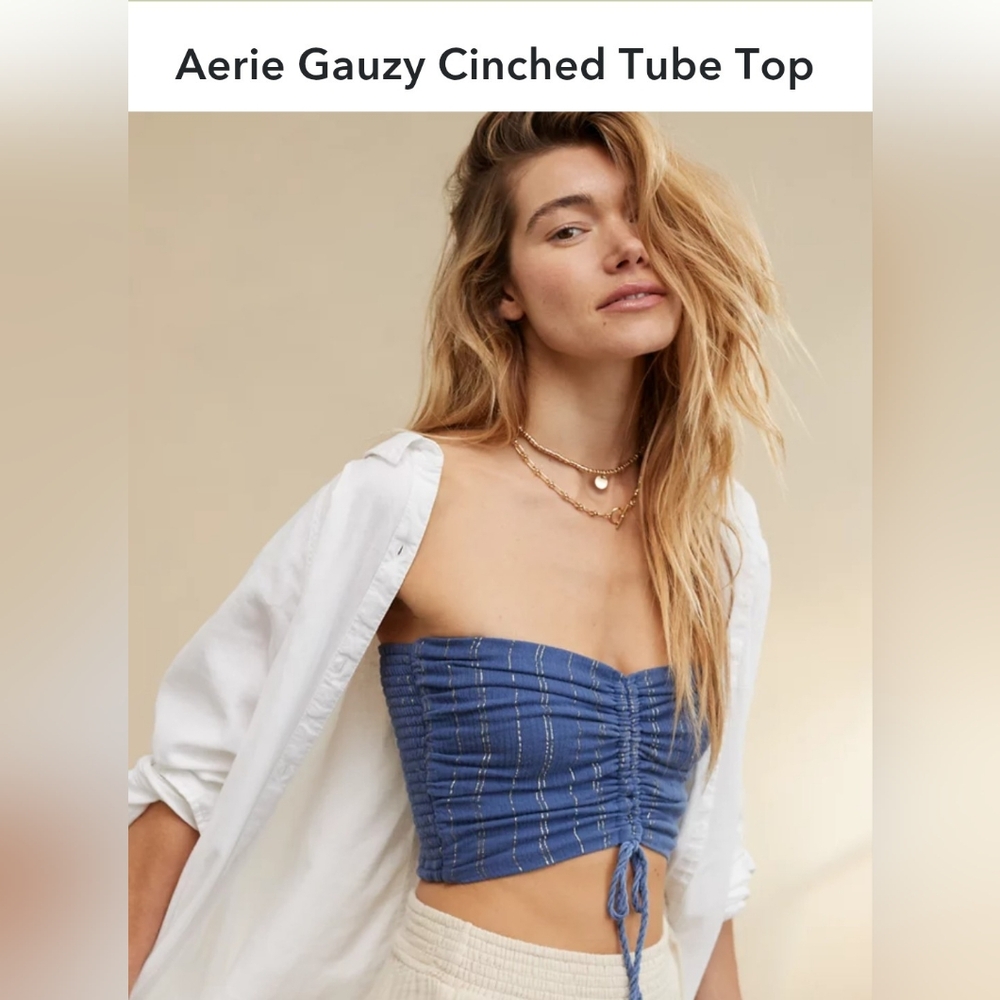 NWT Aerie Blue Gauzy Cinched Tube Top With Removable & Adjustable Straps Size S
